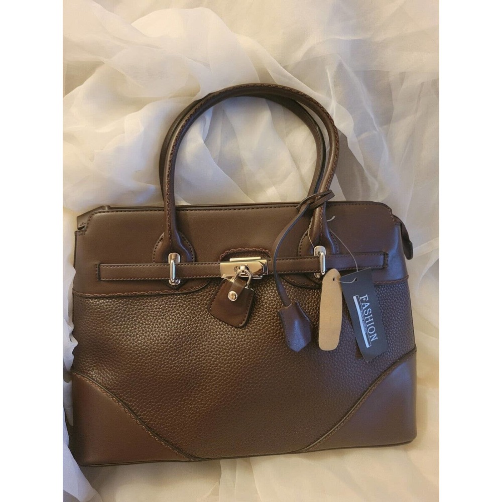 NWT Chocolate Vegan Leather Covered Lock & Key Medium Top Handle Satchel Handbag